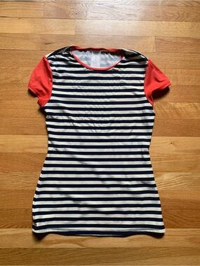 Boden Navy and White Striped Top with Coral Trim Rash Guard size 6 GUC